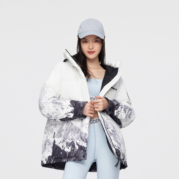 波司登 时尚运动系列 雪山印花短款抽象图案连帽宽松中长款羽绒服 女款