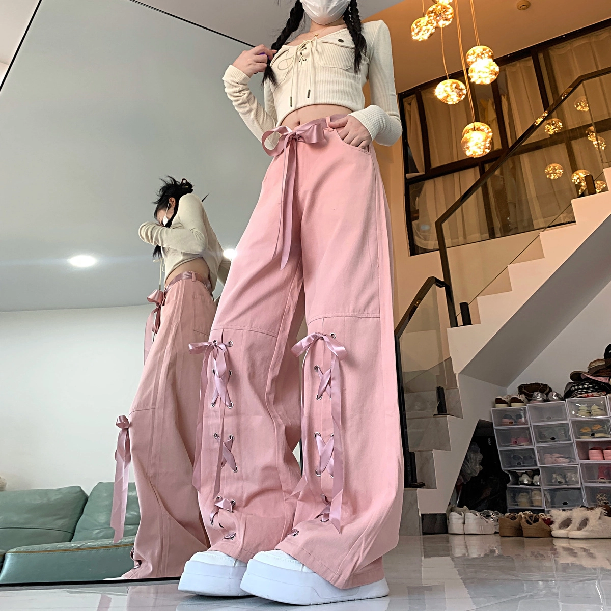 纤丝鸟 多巴胺少女蝴蝶结绑带设计感甜酷高腰垂感直筒工装裤 女款