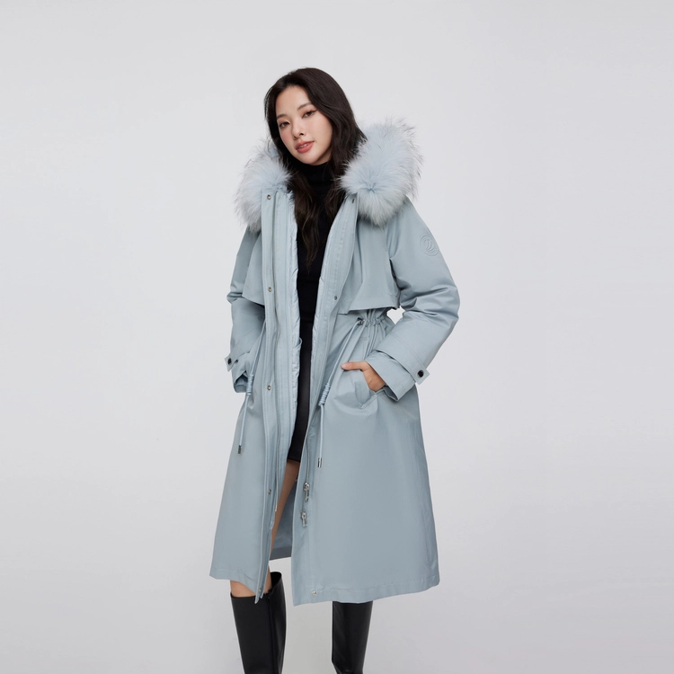 波司登 三合一貉子毛领连帽腰部抽绳长款派克羽绒服 女款