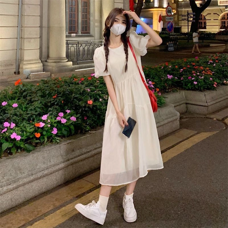 纤丝鸟 韩版时尚气质温柔风收腰短袖连衣裙 女款