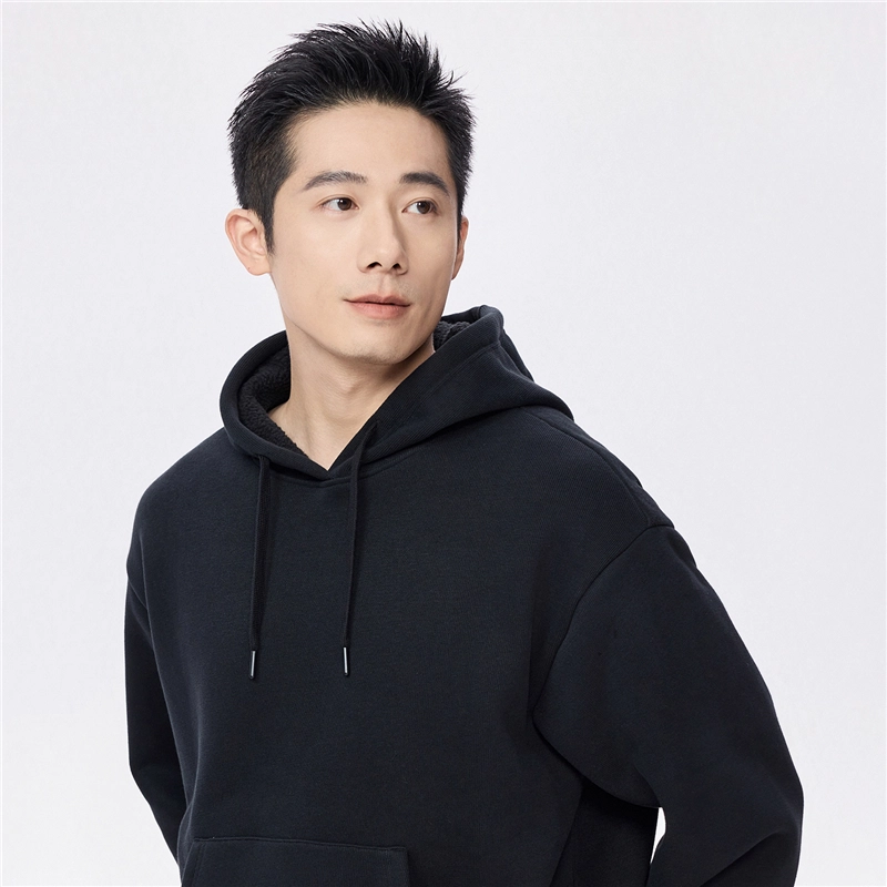 佐丹奴 加绒连帽袋鼠兜套头针织卫衣 男款