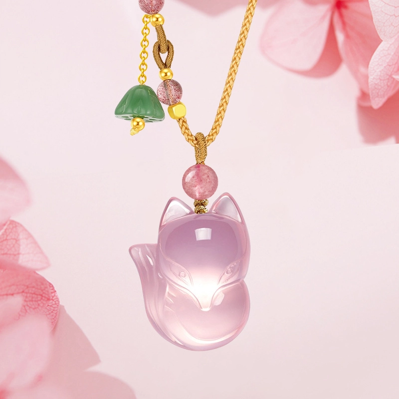 雅生珠宝 狐狸 芙蓉石九尾狐毛衣链 粉色可爱新中式锁骨链招桃花粉晶狐狸#好运 女友生日礼 水晶 项链 女款