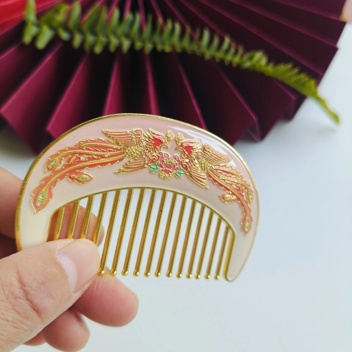 未来枫情 中国风凤戏牡丹古风金属化妆镜便携