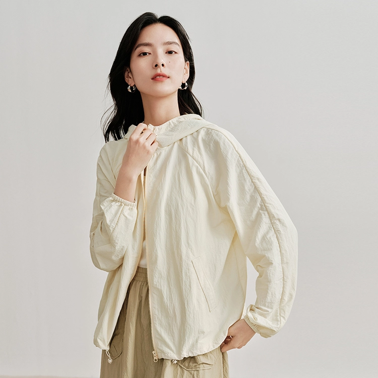 茵曼 纯色宽松连帽拉链休闲长袖截短外套 女款