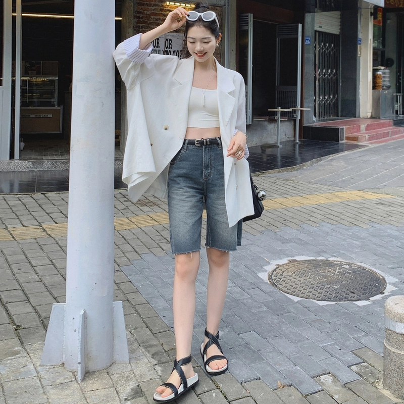 美洋 雅痞流苏边宽松五分裤牛仔短裤 女款 灰蓝色