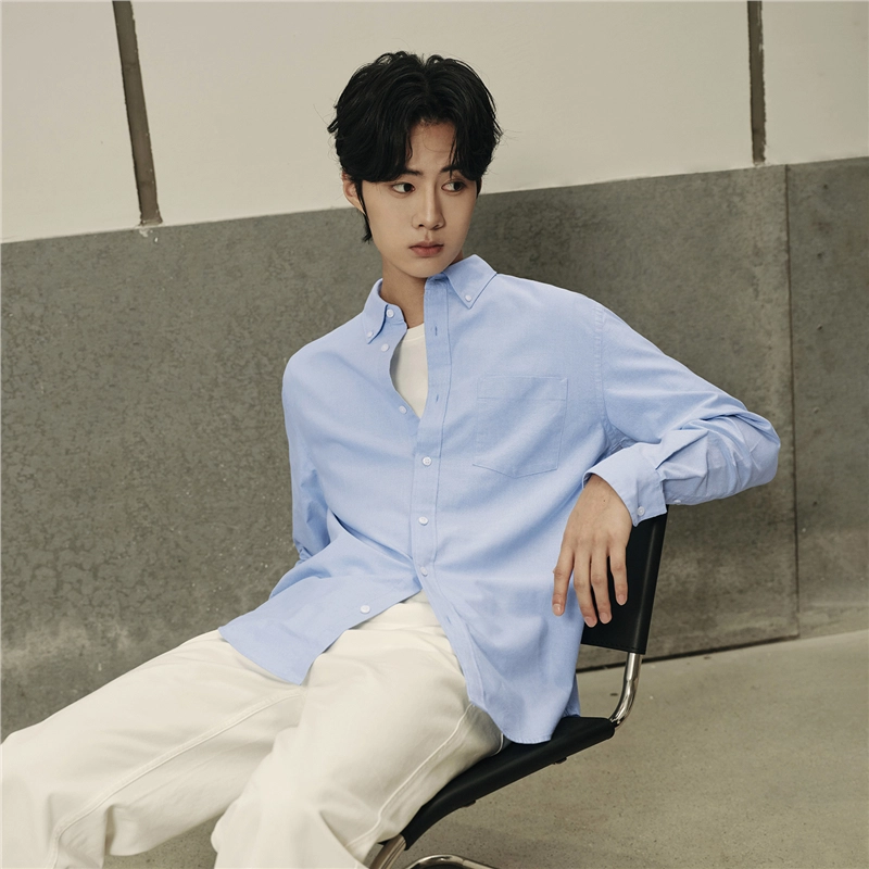 佐丹奴 韩国款纯棉牛津纺单口袋梭织休闲长袖衬衫 男款