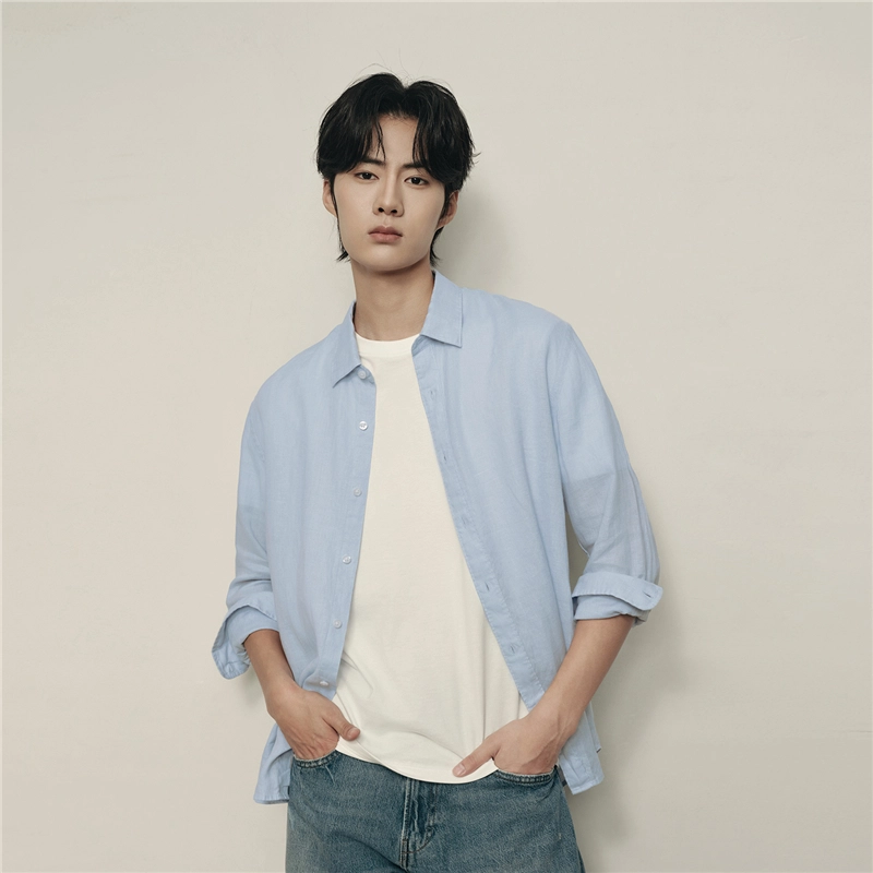 佐丹奴 韩国款天然亚麻梭织休闲长袖衬衫 男款