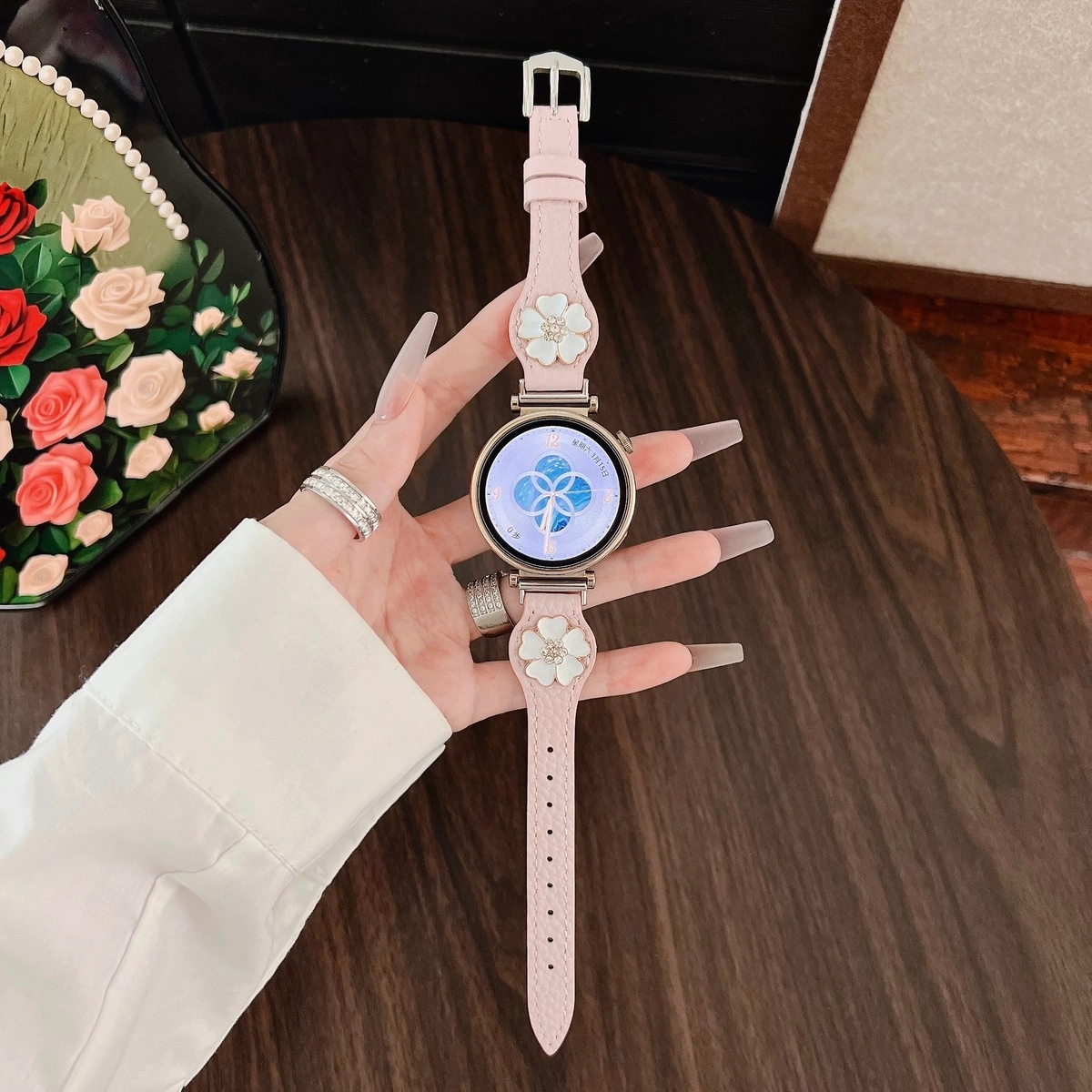 卫欣 华为荣耀适用 手表表带 牛皮材质 时尚牛皮拼五瓣花表带男女通用