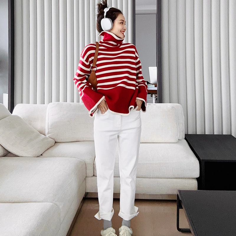 美洋 文艺复古条纹高领宽松毛衣 女款