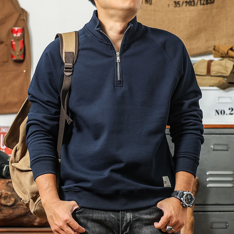季言 套头立领潮牌复古纯色长袖卫衣 男款