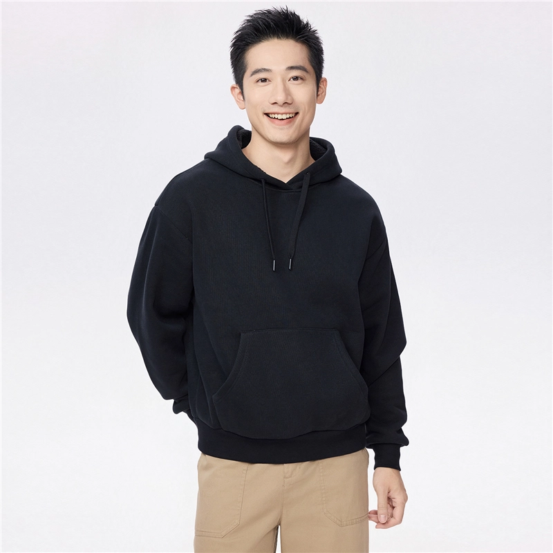 佐丹奴 加绒连帽袋鼠兜套头针织卫衣 男款