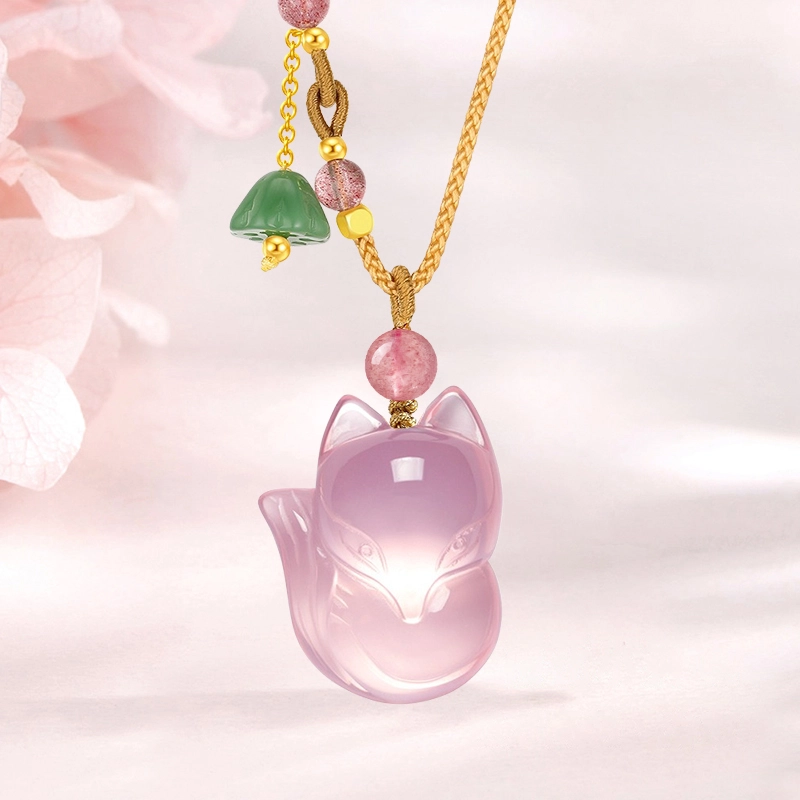 雅生珠宝 狐狸 芙蓉石九尾狐毛衣链 粉色可爱新中式锁骨链招桃花粉晶狐狸#好运 女友生日礼 水晶 项链 女款