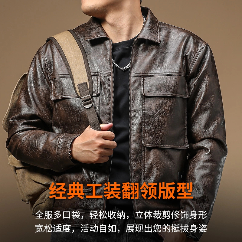 季言 加绒厚款美式复古翻领多袋机车皮潮流帅气皮衣 男款 棕色