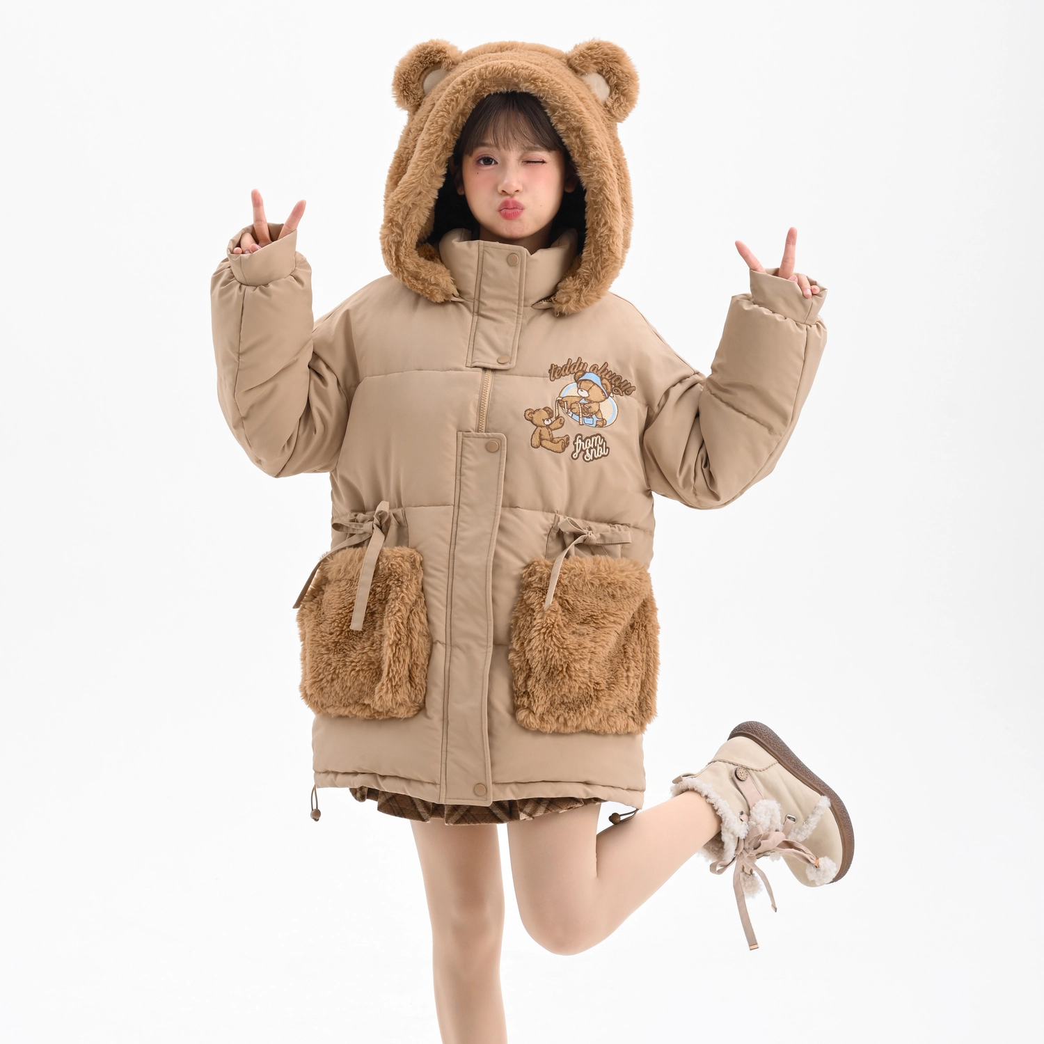 森女部落 原创可爱小熊棉衣保暖中长款可拆帽子棉服 女款 浅卡其色
