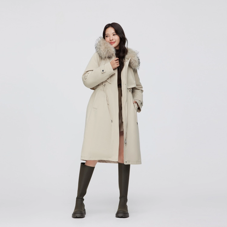 波司登 三合一貉子毛领连帽腰部抽绳长款派克羽绒服 女款