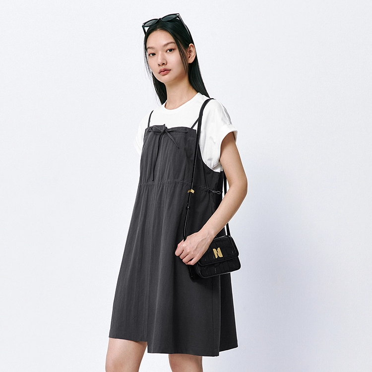 太平鸟 假两件连衣裙设计感时尚撞色拼接短裙工装裙子 女款 深灰