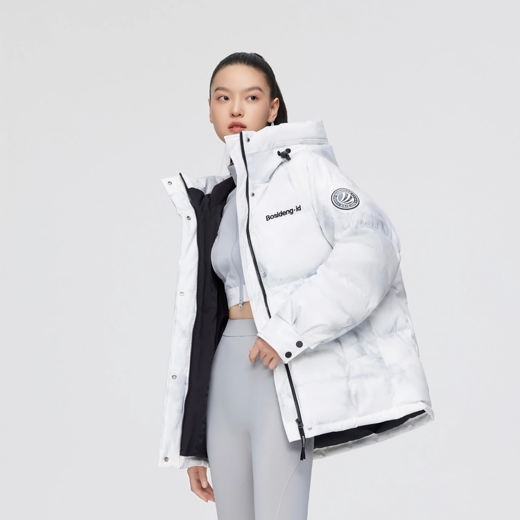 波司登 时尚运动系列 雪山印花短款抽象图案连帽宽松中长款羽绒服 女款