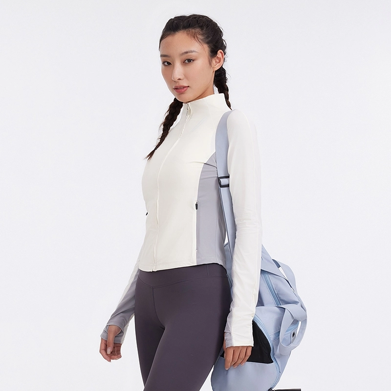 美特斯邦威 立领修身凉感透气拼色外套 防紫外线防晒服 女款 白灰色组