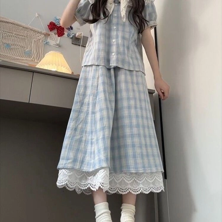 珠蒂美 学院法式甜美风蕾丝拼接格纹裙装套装 女款