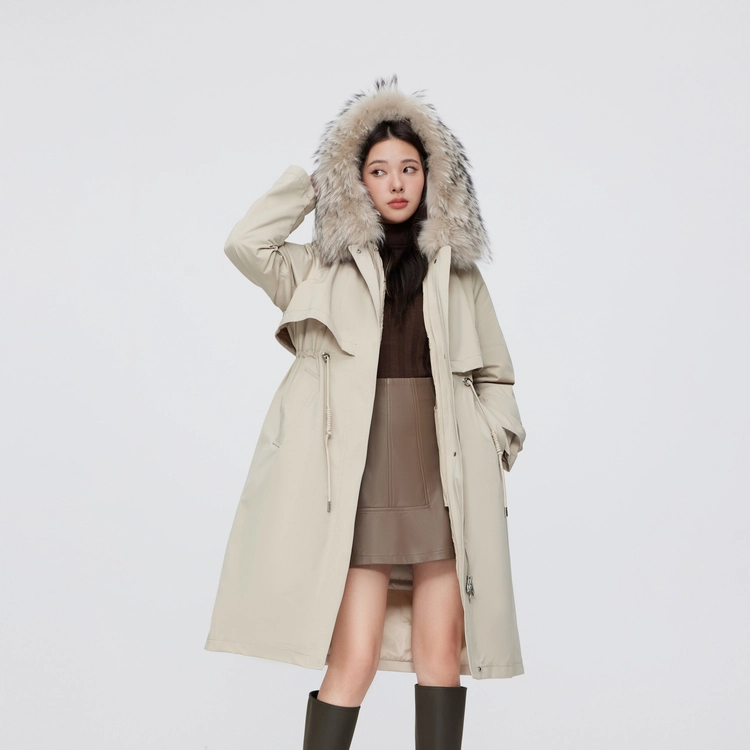 波司登 三合一貉子毛领连帽腰部抽绳长款派克羽绒服 女款