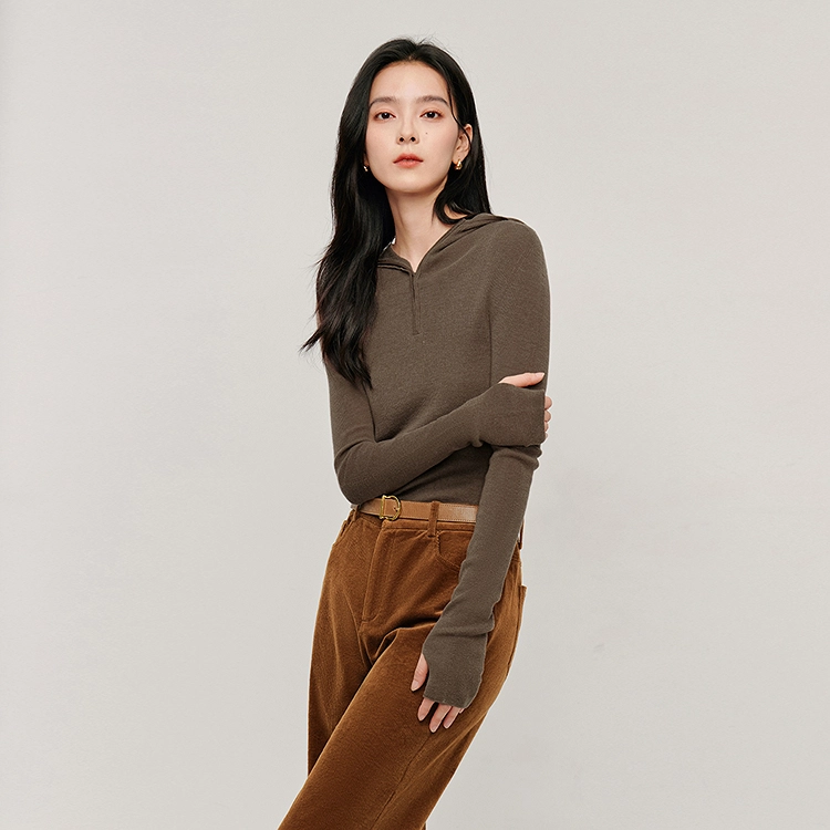 茵曼 纯色连帽修身打底衫保暖长袖毛衣 女款