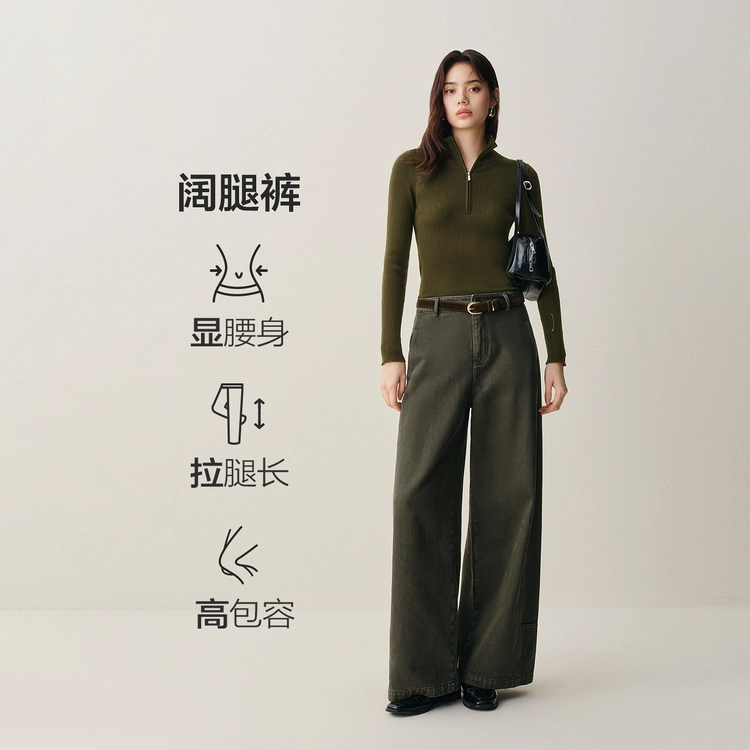 太平鸟 高腰宽松阔腿裤复古简约水洗直筒牛仔裤 女款