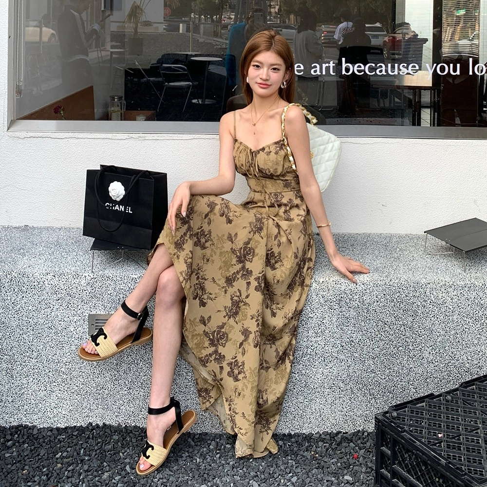 水中花 夏季 法式时尚复古水墨印花气质淑女修身显瘦吊带连衣裙 女款