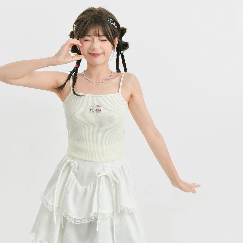 森女部落 原创可爱软妹小熊刺绣小吊带背心 女款 米白色