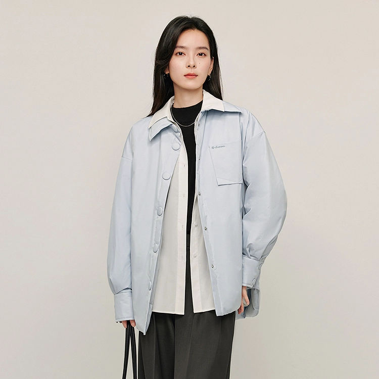 茵曼 休闲衬衫式外套时尚户外防泼水保暖白鸭绒羽绒服 男女同款