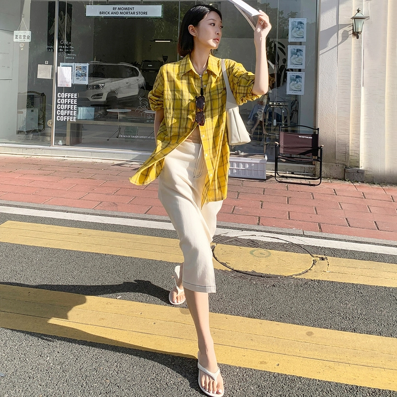 美洋 格格衬衣 扎染色织格纹法式度假宽松衬衫 女款