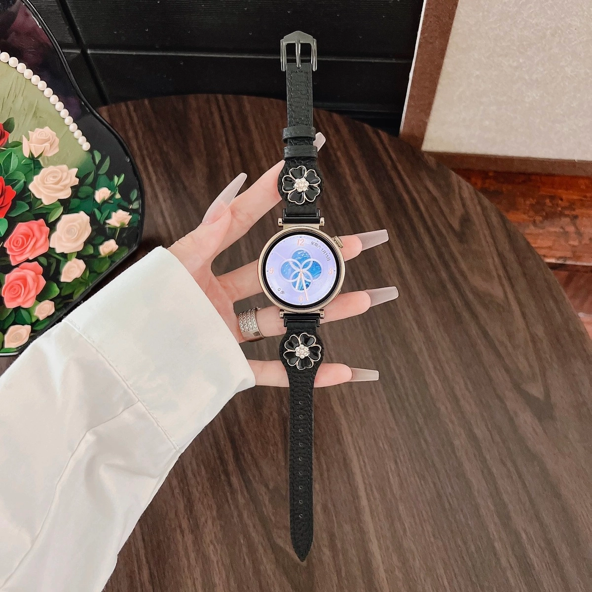 卫欣 华为荣耀适用 手表表带 牛皮材质 时尚牛皮拼五瓣花表带男女通用