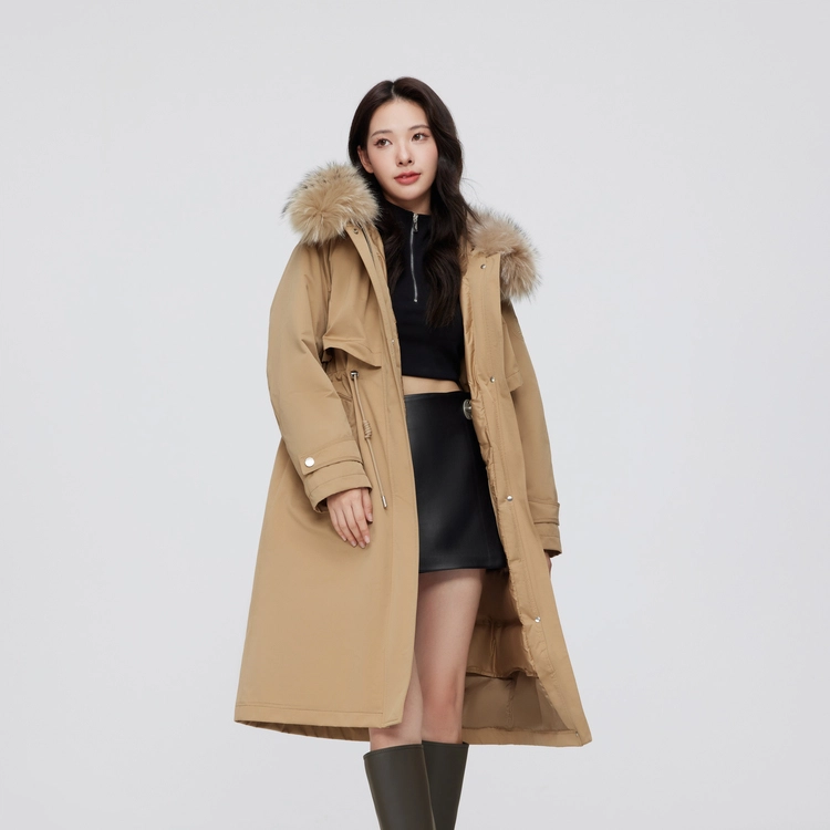 波司登 三合一貉子毛领连帽腰部抽绳长款派克羽绒服 女款