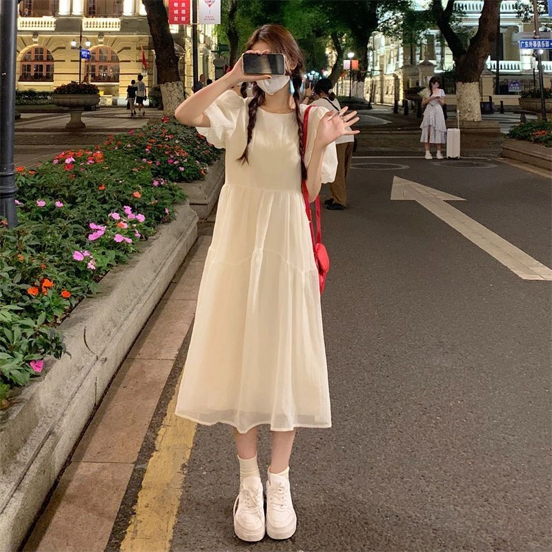 纤丝鸟 韩版时尚气质温柔风收腰短袖连衣裙 女款