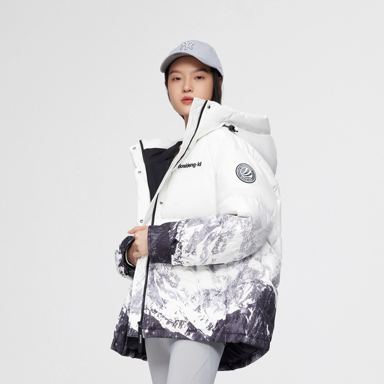 波司登 时尚运动系列 雪山印花短款抽象图案连帽宽松中长款羽绒服 女款