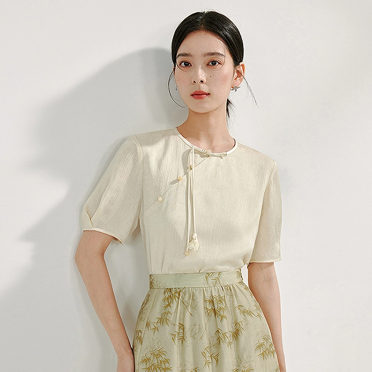 茵曼 圆领纯色短袖衬衫 女款 梨花杏