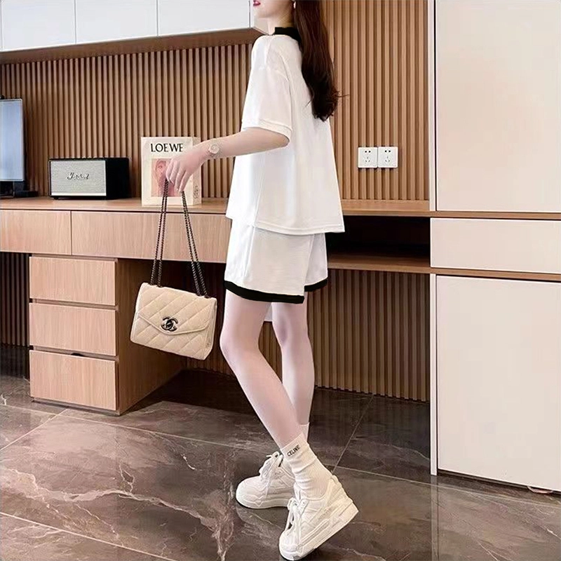 纤丝鸟 宽松运动简约舒适时尚纯棉短袖短裤两件套休闲套装 女款