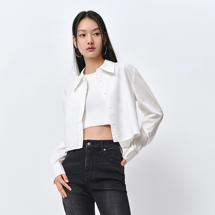 太平鸟 简约短款衬衫截短式小衫上衣 女款 白色