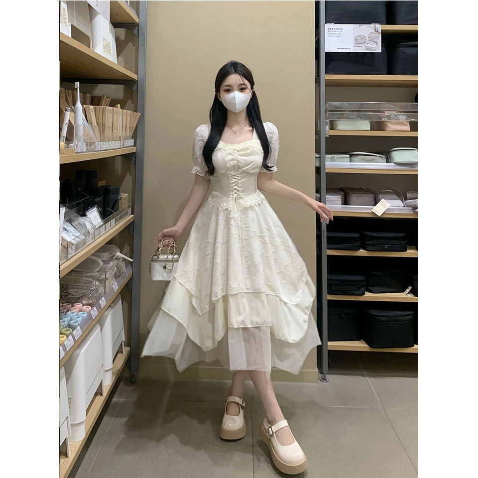 纤丝鸟 法式时尚优雅收腰设计蓬蓬大摆裙短袖连衣裙 女款