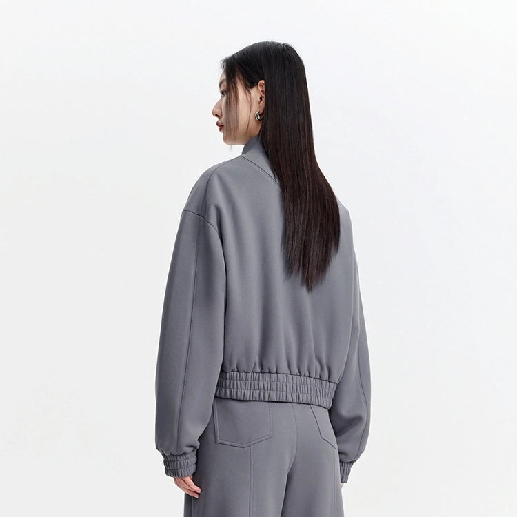 太平鸟 仿麂皮绒立领撞色截短外套 女款 灰色