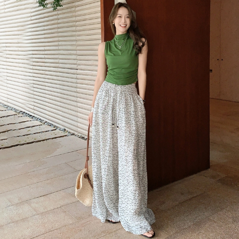 美洋 花纱色织涂鸦手绘慵懒宽松阔腿休闲裤 女款 米色