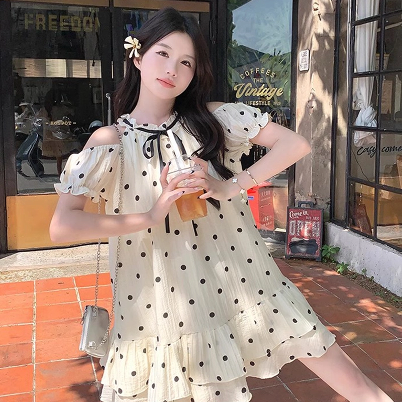 纤丝鸟 法式甜美露肩波点小个子气质蓬蓬短裙娃娃裙短袖连衣裙 女款