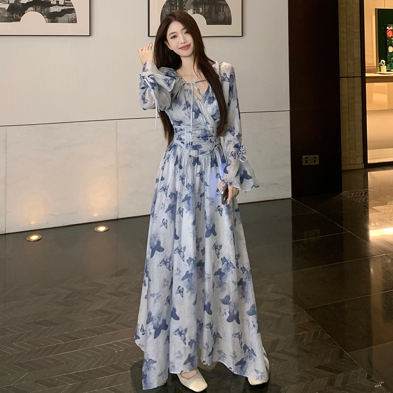 纤丝鸟 气质法式宽松收腰荷叶袖印花长裙长袖连衣裙 女款
