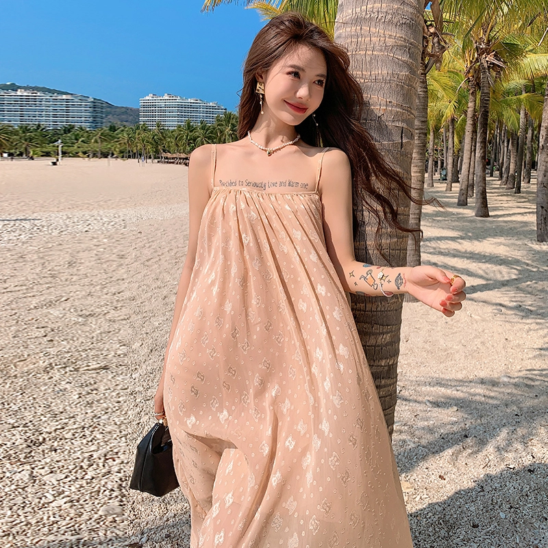 水中花 提花法式海边度假风宽松露背大摆沙滩裙吊带连衣裙 女款