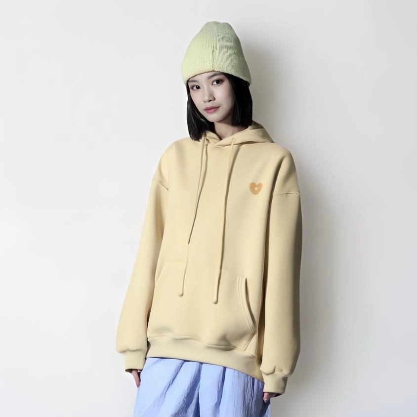 邓大喵 加绒加厚爱心刺绣连帽休闲保暖长袖卫衣 女款 鹅黄色
