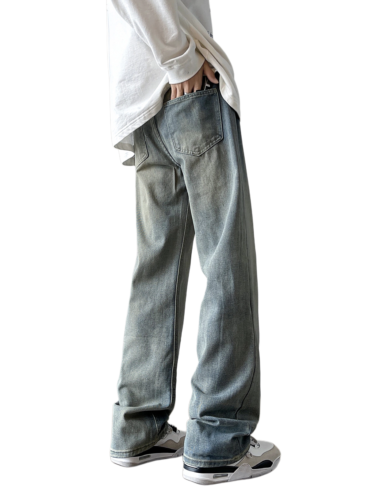 地界二 蓝色复古阔腿男水洗做旧高级感直筒休闲长裤子男生蓝色复古阔腿潮流中低腰长裤牛仔裤 男款