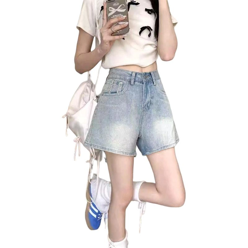 邓大喵 夏季薄款高腰宽松显瘦设计阔腿牛仔短裤 女款