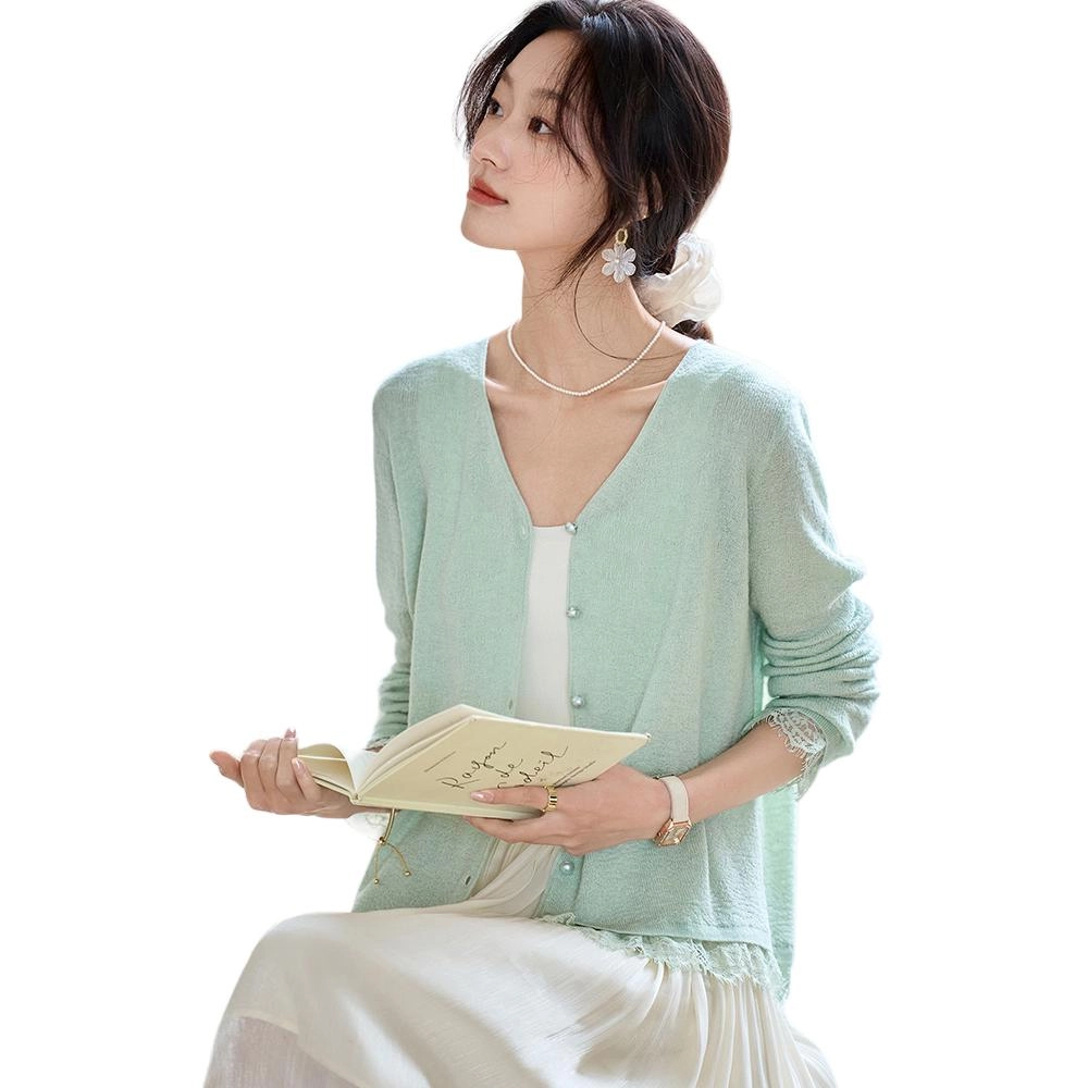 曲韩 蕾丝拼接气质甜美纯色常规长袖针织衫 女款