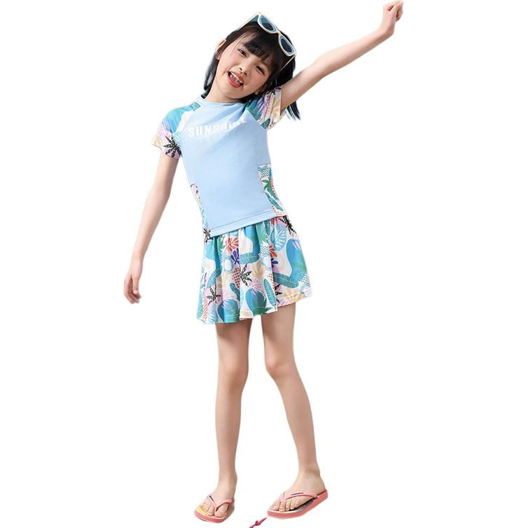 韩素伊 运动款泳衣女童两件套 青少年 分体保守平角裤小清风学生泡温泉游泳
