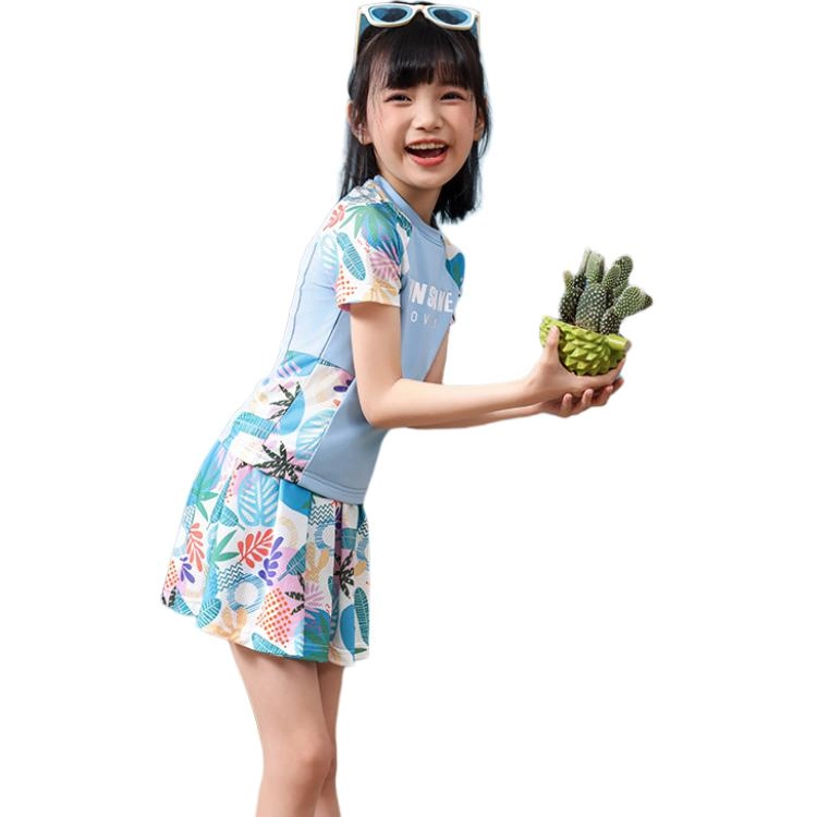 韩素伊 运动款泳衣女童两件套 青少年 分体保守平角裤小清风学生泡温泉游泳