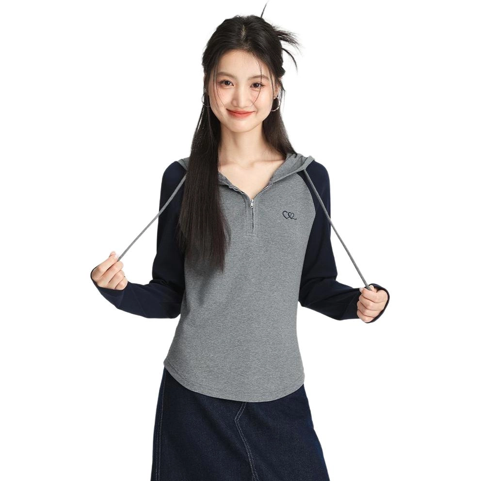 邓大喵 半拉链女插肩袖撞色连帽上衣春季显瘦遮肉外套套头衫卫衣 女款